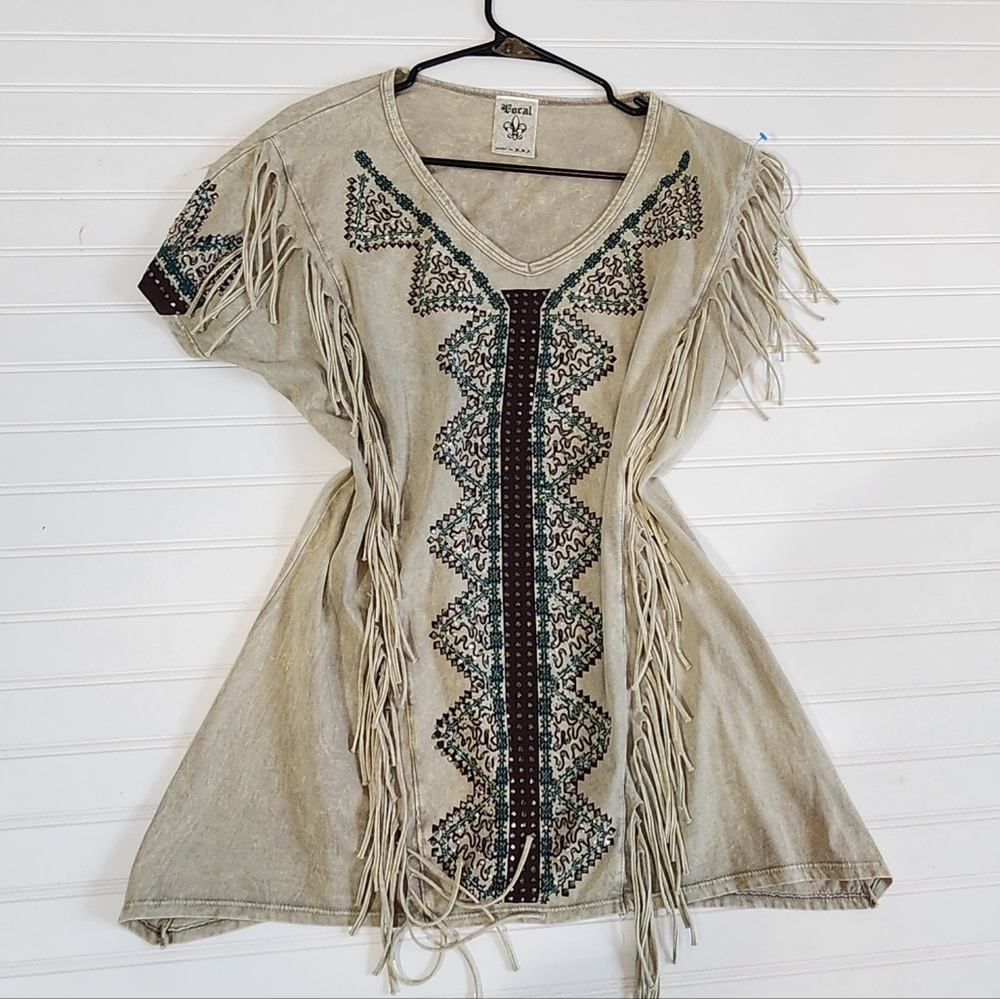 Vocal Beige and Green Fringe Mini Dress